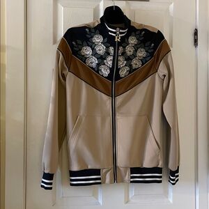 *slight flaw* reason tan brown navy embroidered floral track jacket